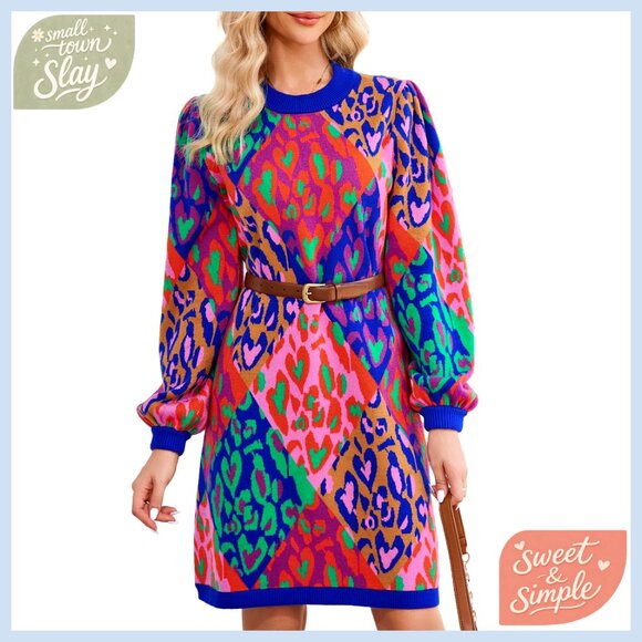 Balloon Sleeve Sweater Dress Knit Casual Relaxed Fit Women's Top